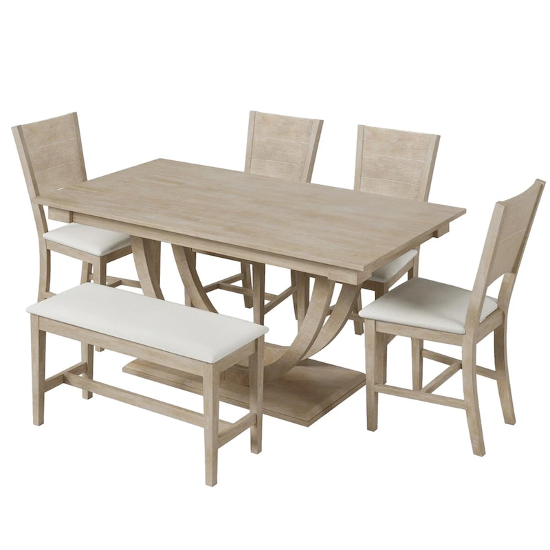 6-Piece Wood Half Round Dining Table Set Kitchen Table Set with Long Bench and 4 Dining Chairs, Modern Style, Gray