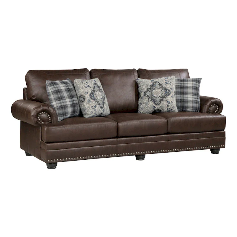 Jade 98 Inch Sofa, Rich Brown Microfiber, 4 Pillows, Soft Cushions, Wood