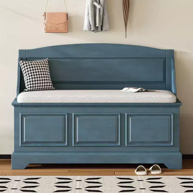 Whisen 41.7L x 17.9W Retro Shoe Storage Bench with Safe Soft-Close Devices, Storage Chest with Hidden Storage and Cushion