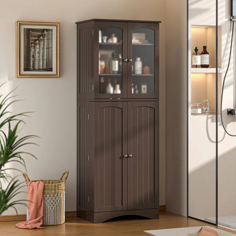 64  Kitchen Pantry Cabinet, Tall Storage Cabinet with Glass Doors and Adjustable Shelves