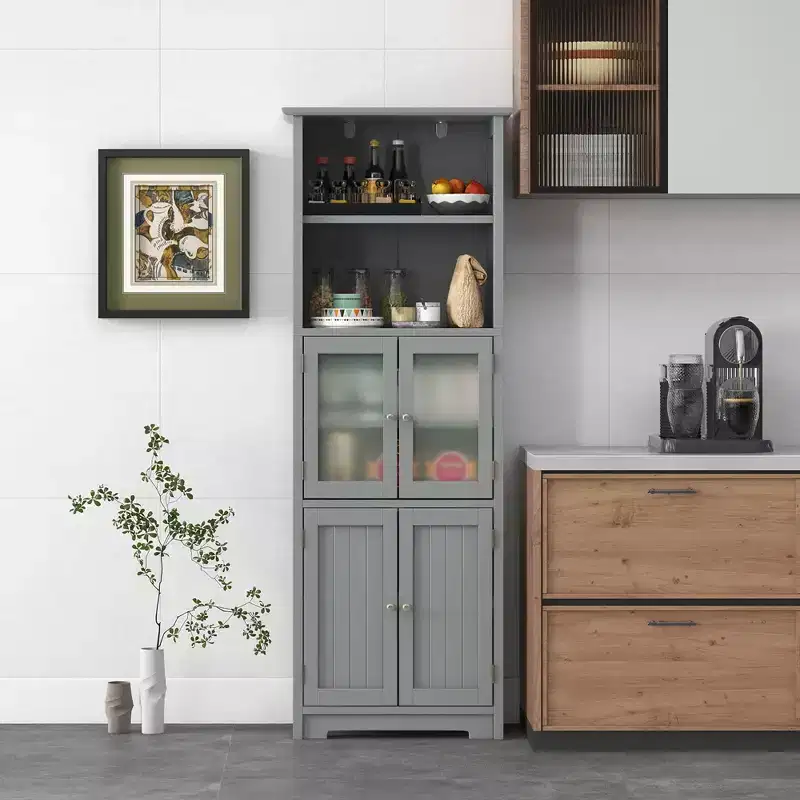 Costway Bathroom Tall Storage Cabinet Linen Tower w/ Glass Door & Adjustable Shelf