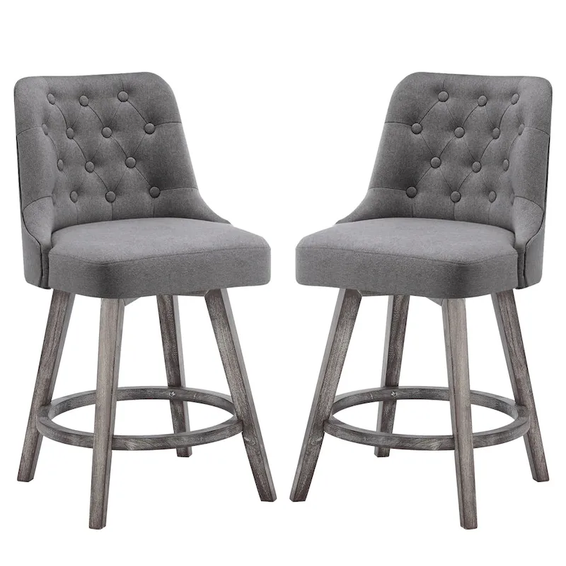 HOMYKA Tufted Swivel Bar Stool with Wood Grain Chair Legs Set of 2