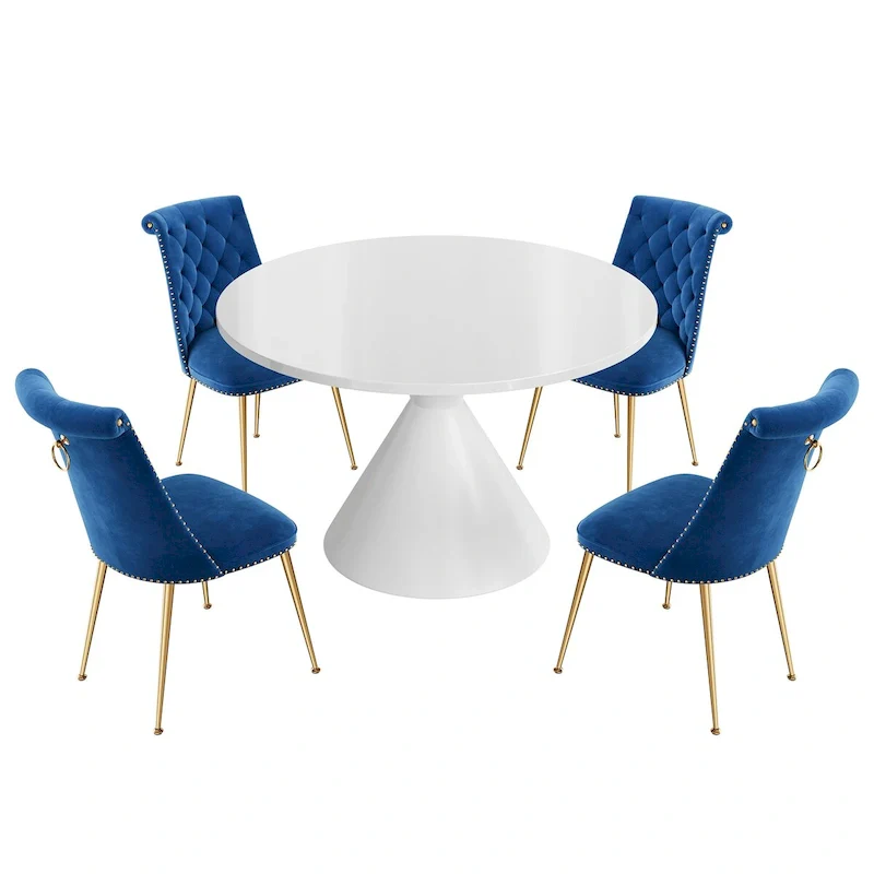 48  Light Luxury White High Gloss Large Countertop Dining Table with Velvet Dining Chair Set