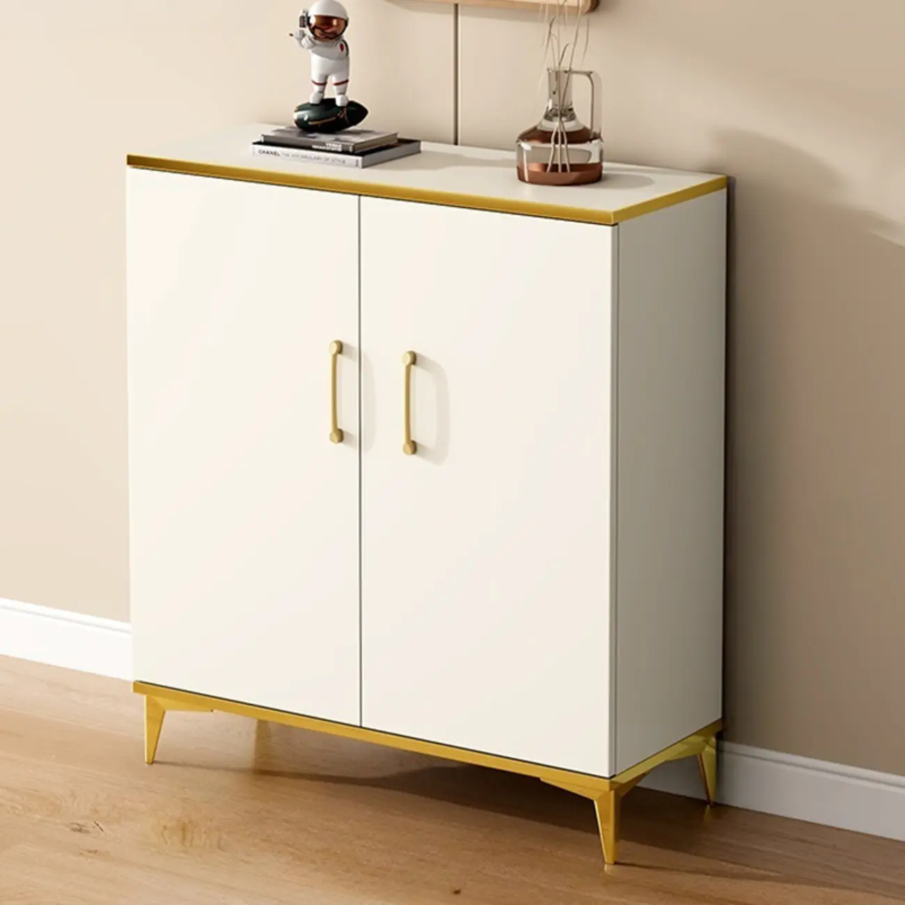 Trendy Grey Wood Hallway Shoe Cabinet with Gold Legs