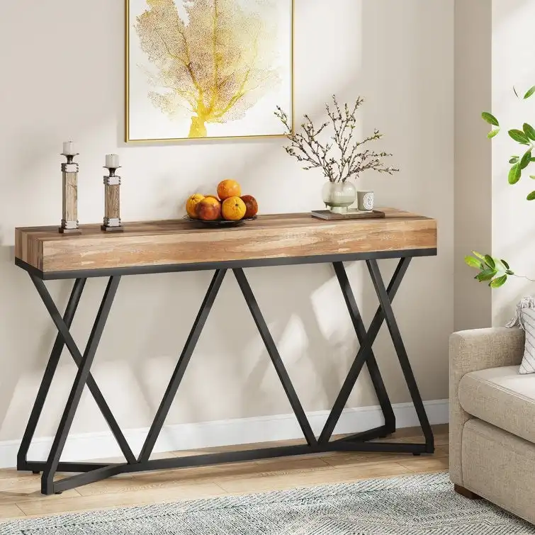 55 Inch Wood Console Table, Sofa Table Entryway Table with Unique Metal Legs