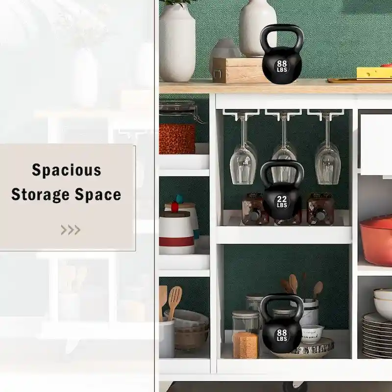 Rubber Wood Kitchen Cart with Adjustable Shelves and Wine Rack