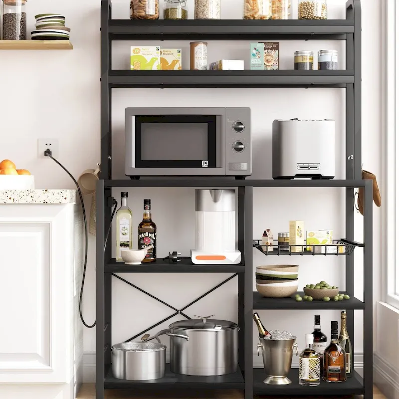 Kitchen Bakers Rack with Power Outlet, Wire Basket