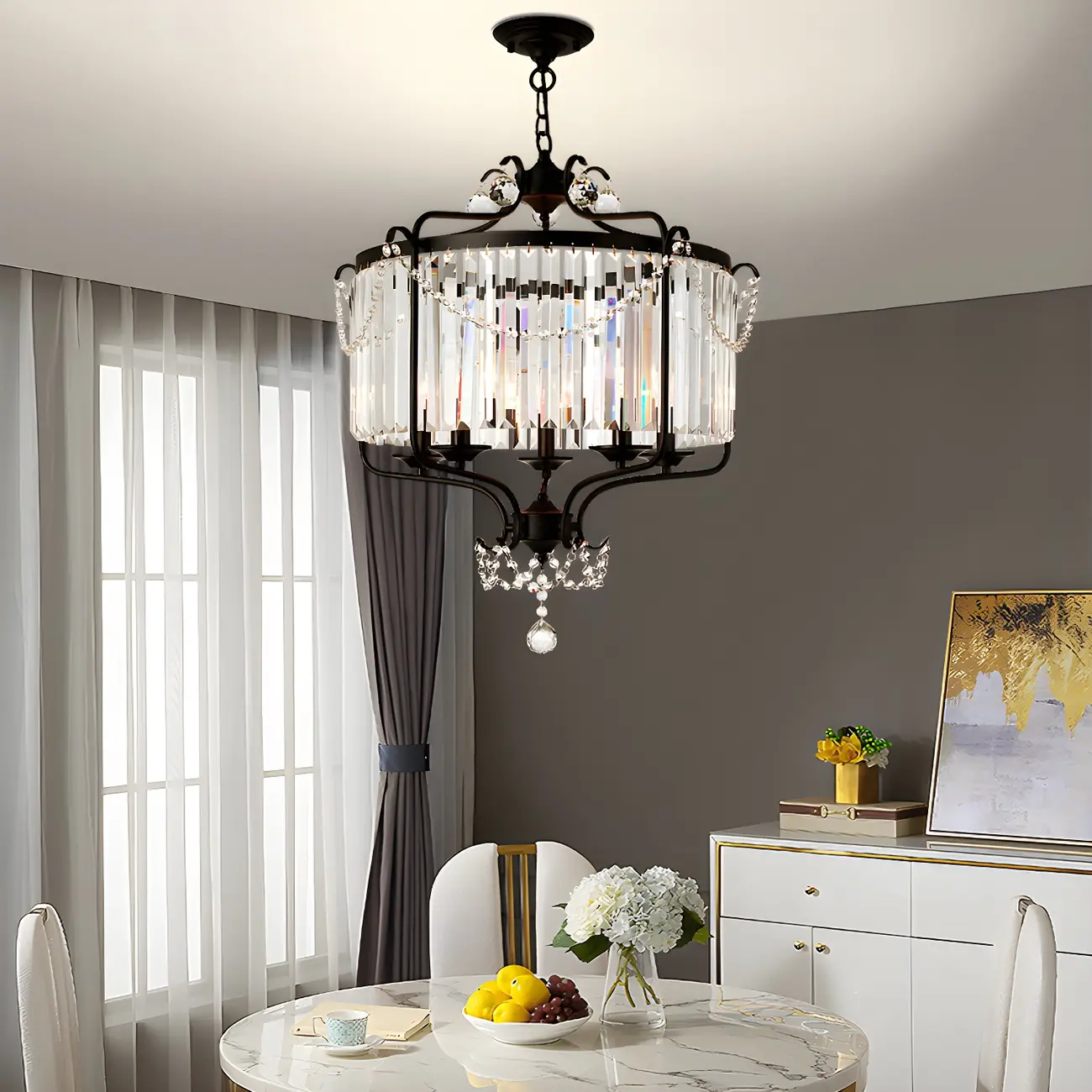 Modern Black Round Cylinder Metal Cage Crystal Chandelier