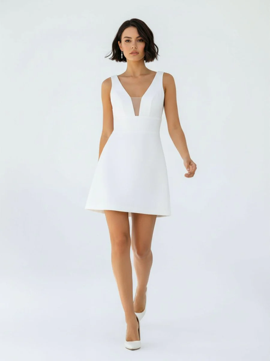 A-Line V-Neck Sleeveless Short Mini Satin Wedding Dresses