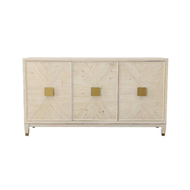 White Washed Pine 3-Door Sideboard with Gold Accents