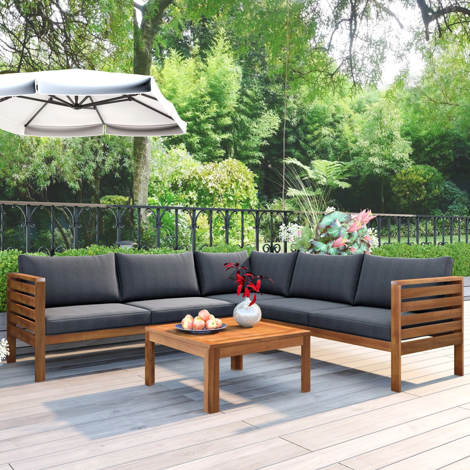 Walker Edison | Acacia Wood Structure Outdoor Sofa Set