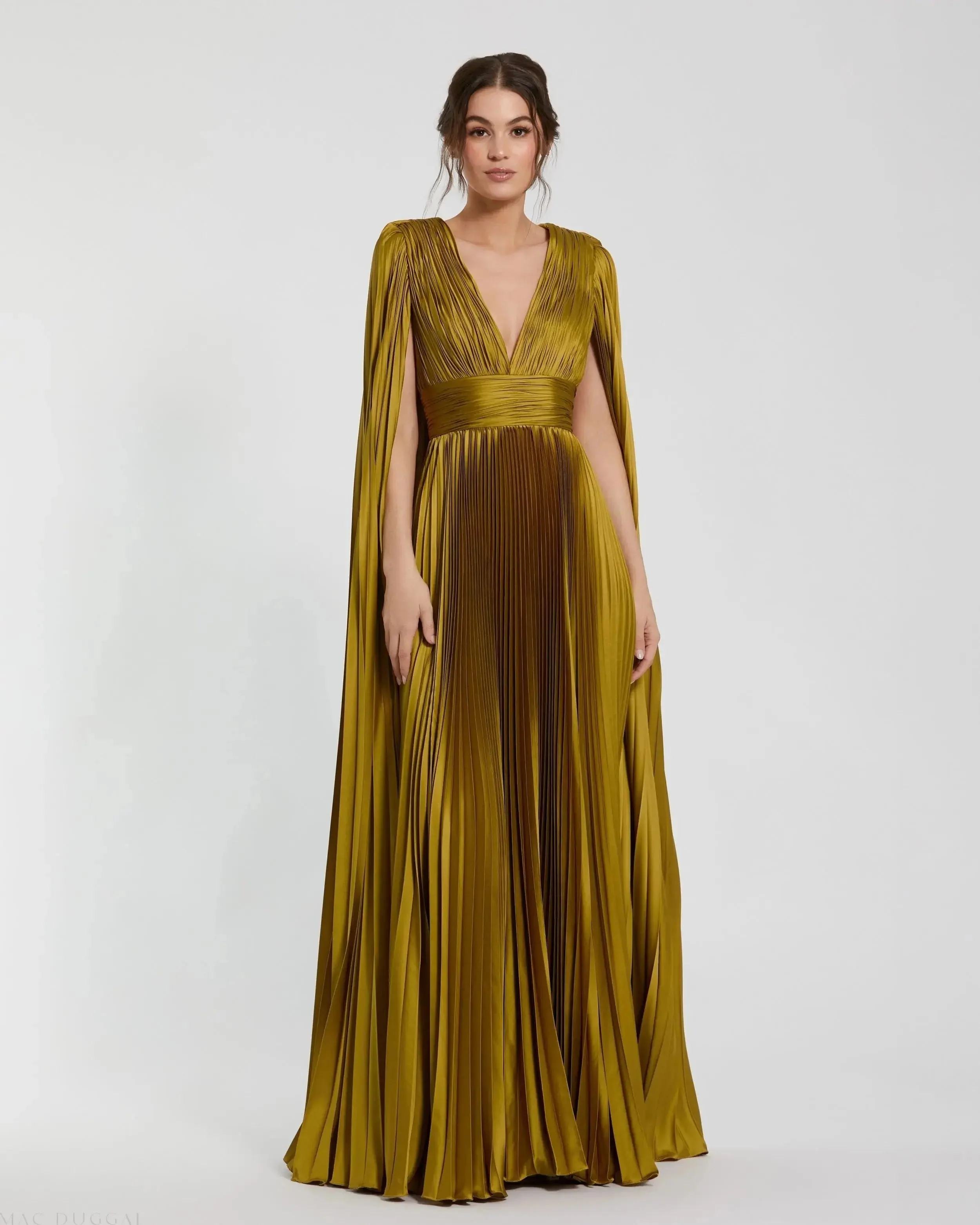 Green Pleated Charmeuse V Neck Gown With Cape