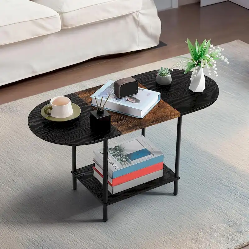 Mid-Century Oval Coffee Table w/2-Tier Storage for Small Spaces
