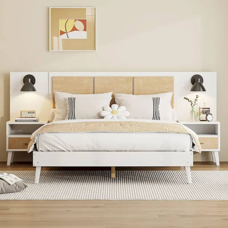 Queen Size Solid Wood Bed Frame with 2 Nightstands, Built-in Lamps, Rattan & Wood Design,White