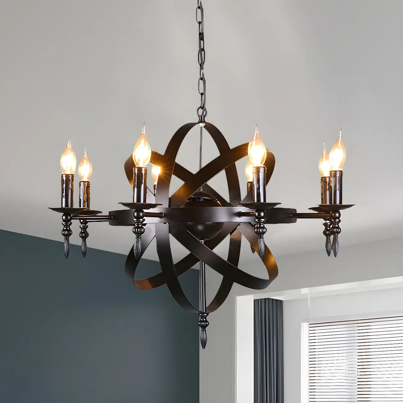 Large Vintage Black Metal Circle Candle Chandelier