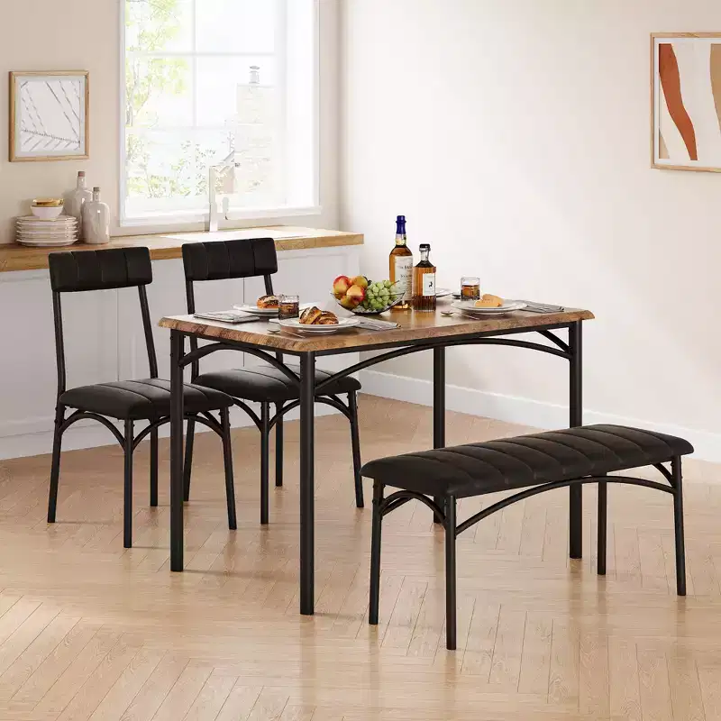 Dining Table Set for 4 with Rectangular Table, Upholstered Bench, and 2 Chairs, Space-Saving Dining Room Set for Small Spaces, Apartments