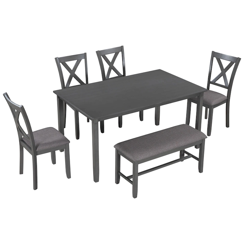 Gray Traditional 6-Piece Wooden Dining Table Set with 4 Upholstered Chairs and Bench