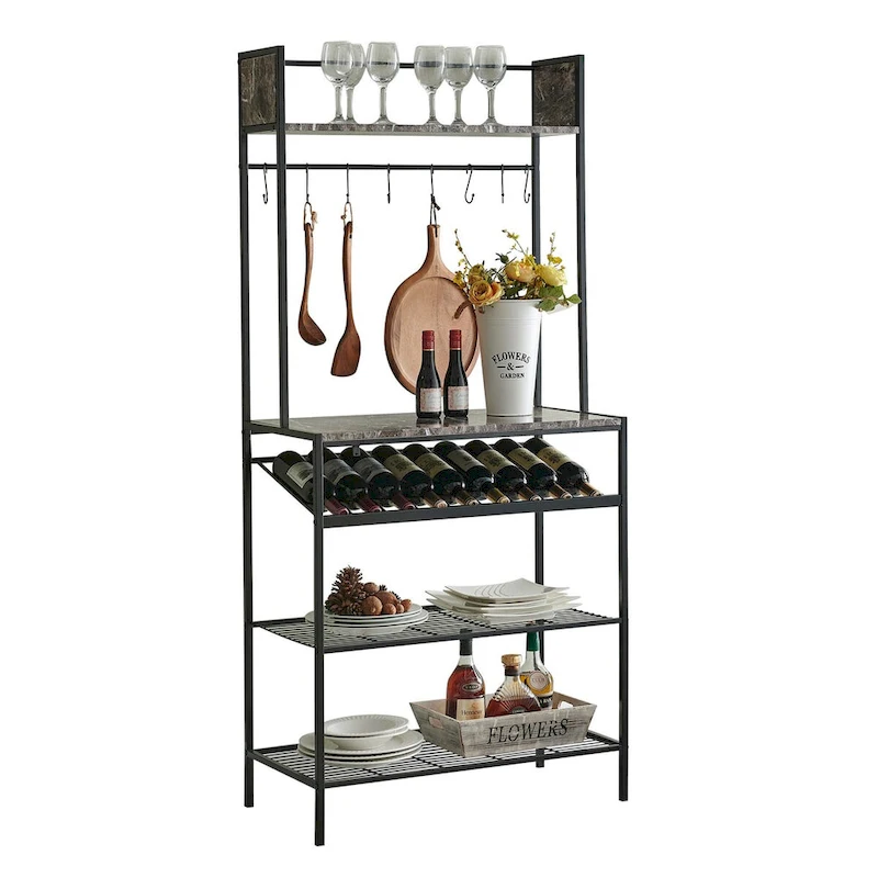 Black Marble Bakers Rack - Microwave Stand for Kitchen with Wine Bottle Capacity & Hooks -Black