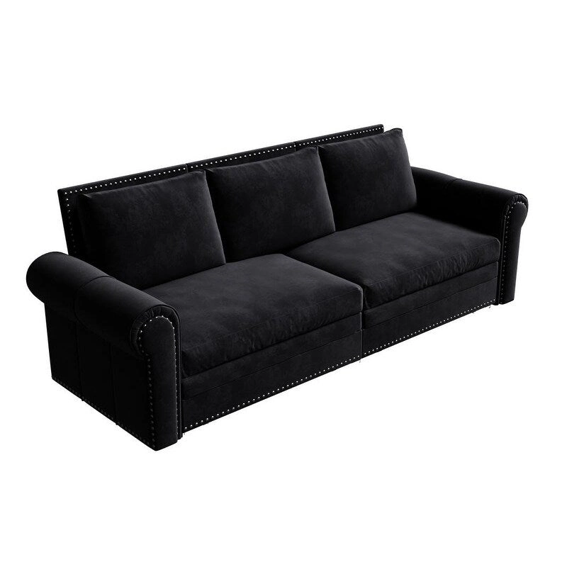 3-in-1 King Pull Out Sofa Bed Chesterfield Sofa, Velvet/Faux Leather Convertible Sleeper Sofa with Nailhead Trim & Rolled Arm