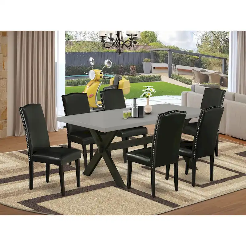 East West Furniture Dining Set- a Dining Table and Black Pu Leather Parson Chairs, Wire brushed Black.(Pieces Options)