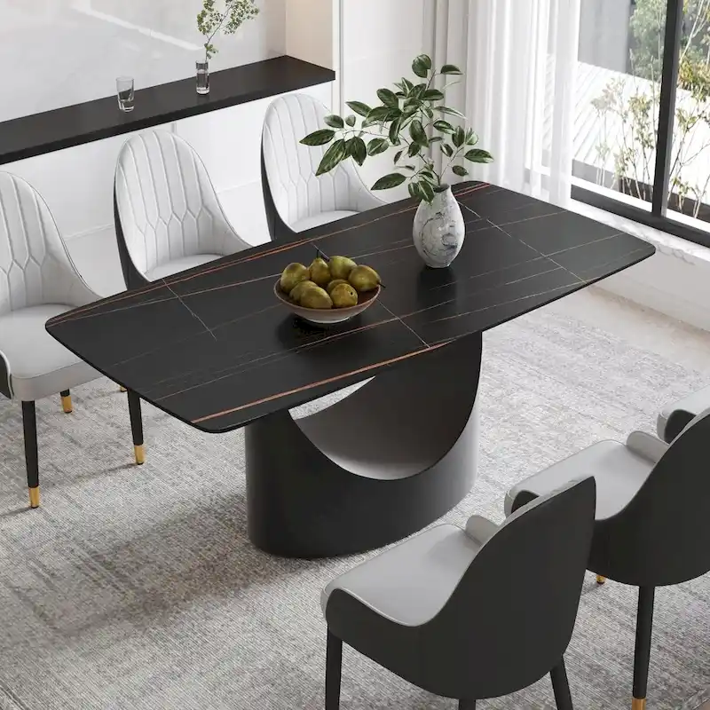 71  Black Marble Sintered Stone Table Top,Rectangle Dining Room Table with Unique U-Shape Black Carbon Steel Pedestal