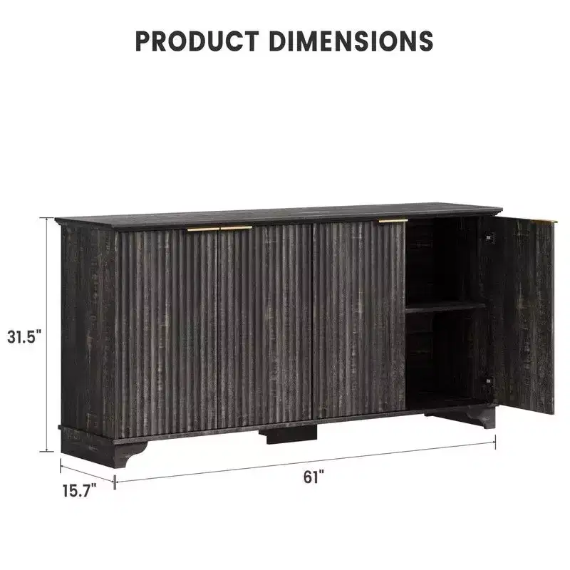 Coolmee Sideboard Buffet Cabinet with 4 Fluted Doors, Kitchen Cupboard Storage with Adjustable Shelves, Coffee Bar Cabinet for Home, Dining Room