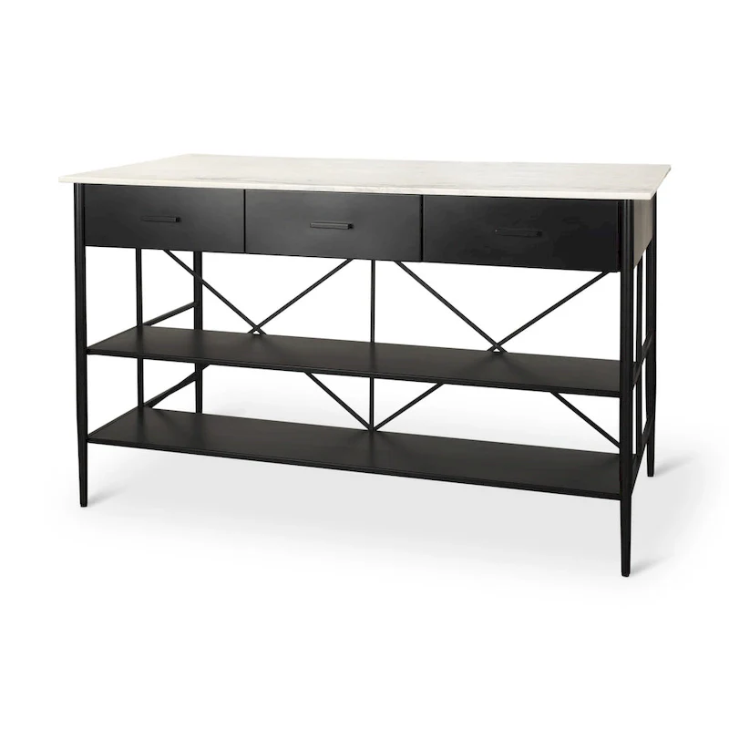 White Marble Kitchen Island with Black Metal Frame - 3 Drawers