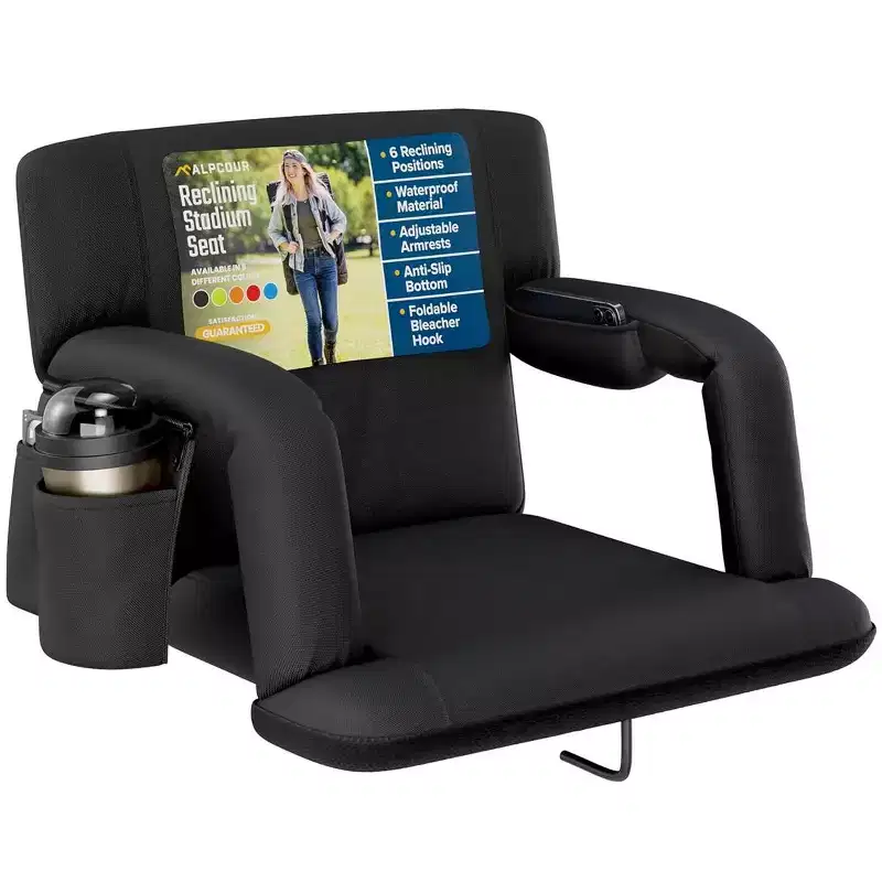 Alpcour Portable Reclining 21-inch Wide Stadium Seat with Armrests Black