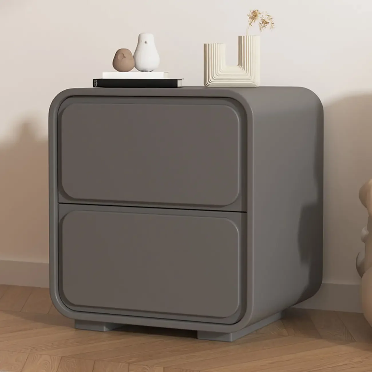 Modern Bedside Table with 2 Drawers - Beige Nightstand