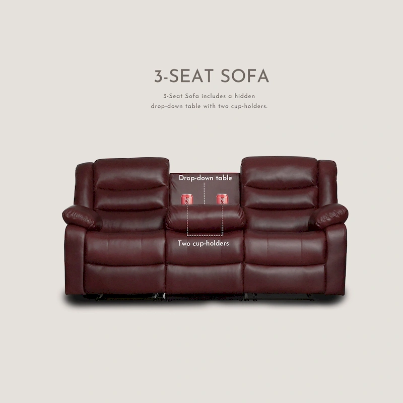 Manual Reclining 3-Piece Living Room Sofa Set - Sofa with Dropdown Table, Loveseat with Console, and Recliner