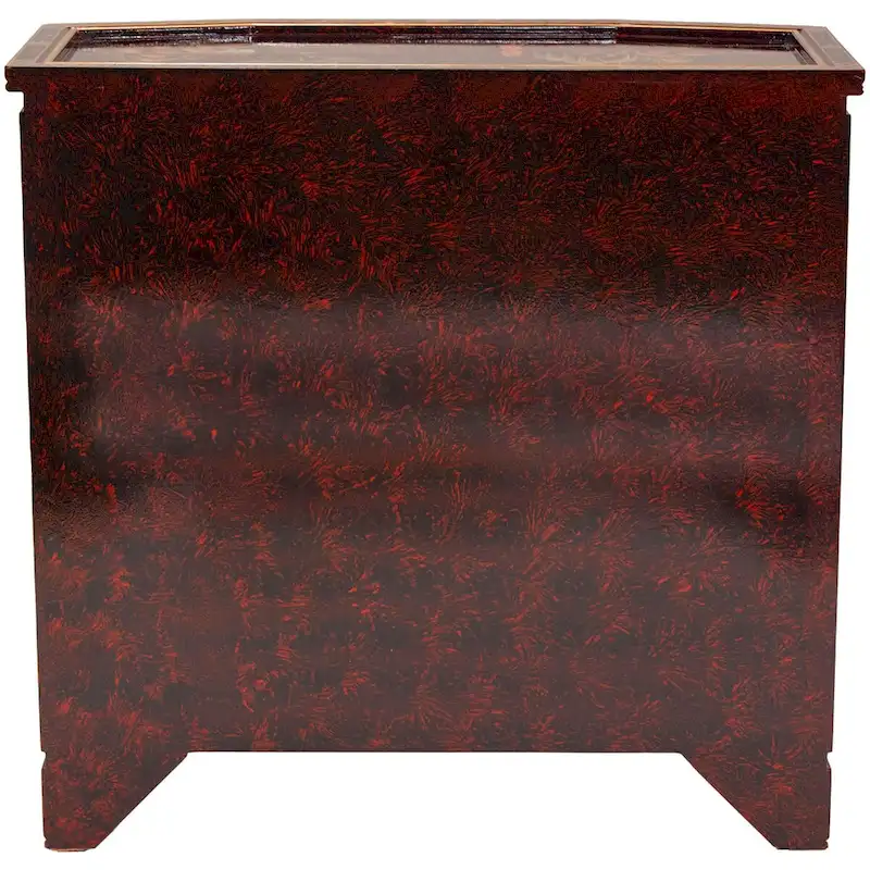 Red Lacquer Slant Sideboard, Hand-Painted Landscape, 2 Doors