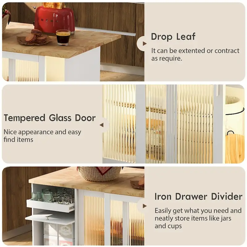 Kitchen Island with Drop Leaf,LED Light Kitchen Cart on Wheels