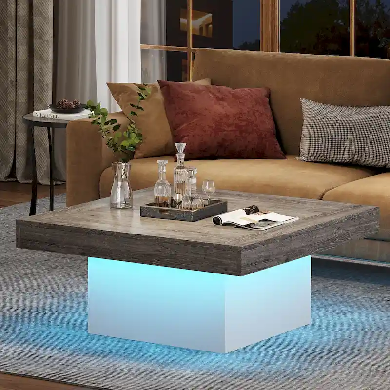 Oak Black / White Grey Square LED Coffee Table, Single