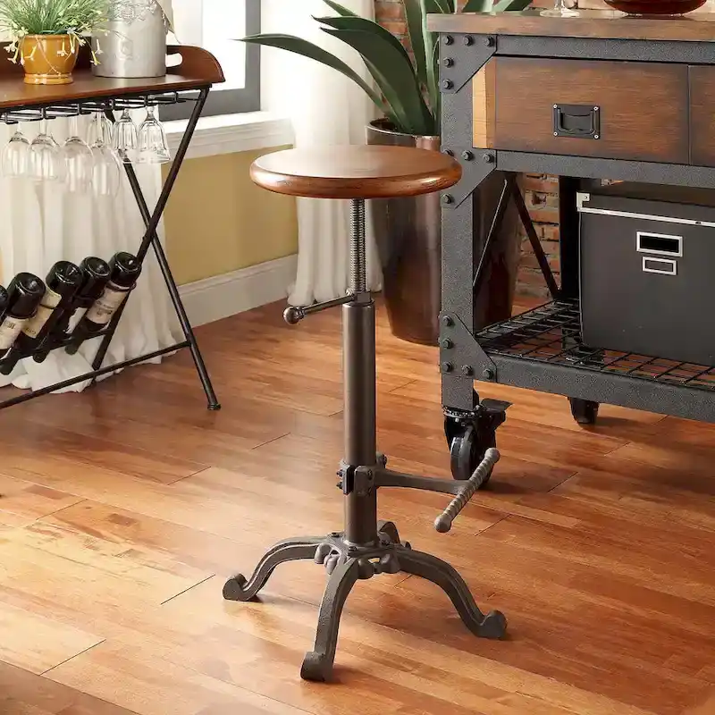 Adjustable Height Stool - Wood Seat with Cast Iron Base (Chestnut)
