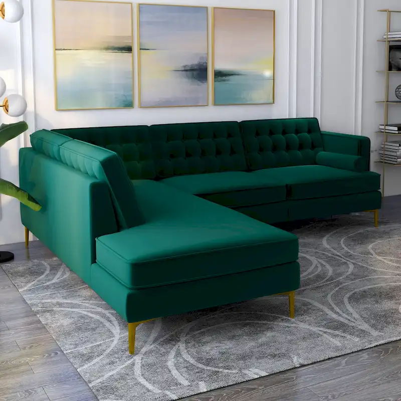 Caterina Velvet Modern Tufted Living Room Corner Sectional Sofa in Dark Green