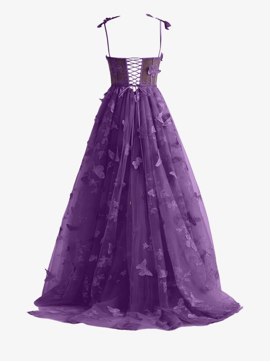 Purple A-line Butterfly Lace Lilac Corset Prom Dress with Slit