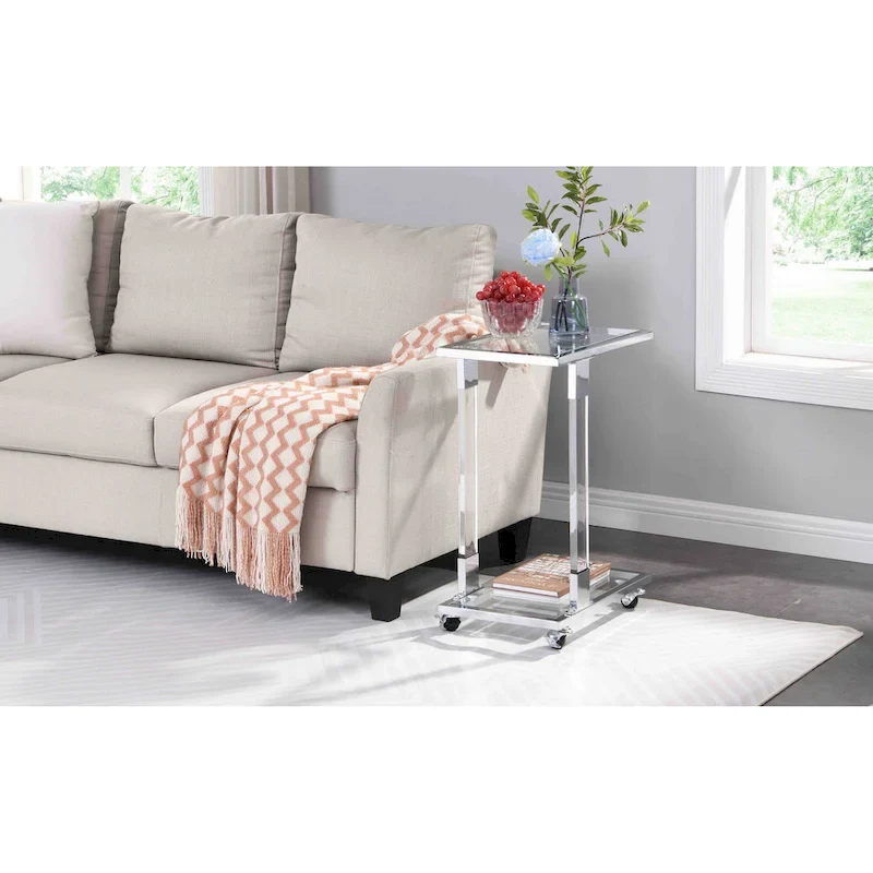 C-Shape Square Acrylic Side Table Sofa Table with Glass Top and Metal Base