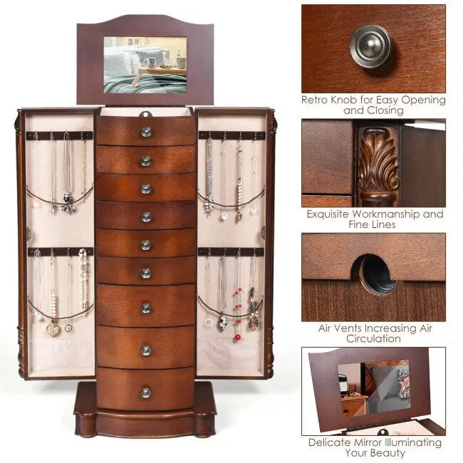 Large Wooden Jewelry Storage Box Organizer with 8 Drawers, 2 Doors & 16 Hooks – Walnut MDF