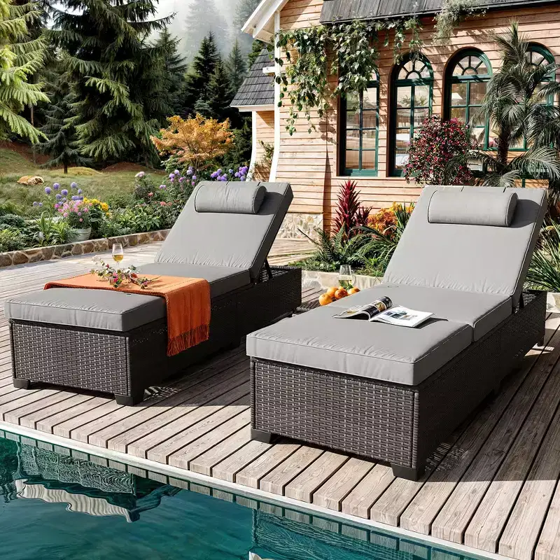 COZONY 2-Pack Patio Chaise Lounge Chairs, PE Wicker Adjustable Recliners with Cushions for Poolside Backyard Outdoor