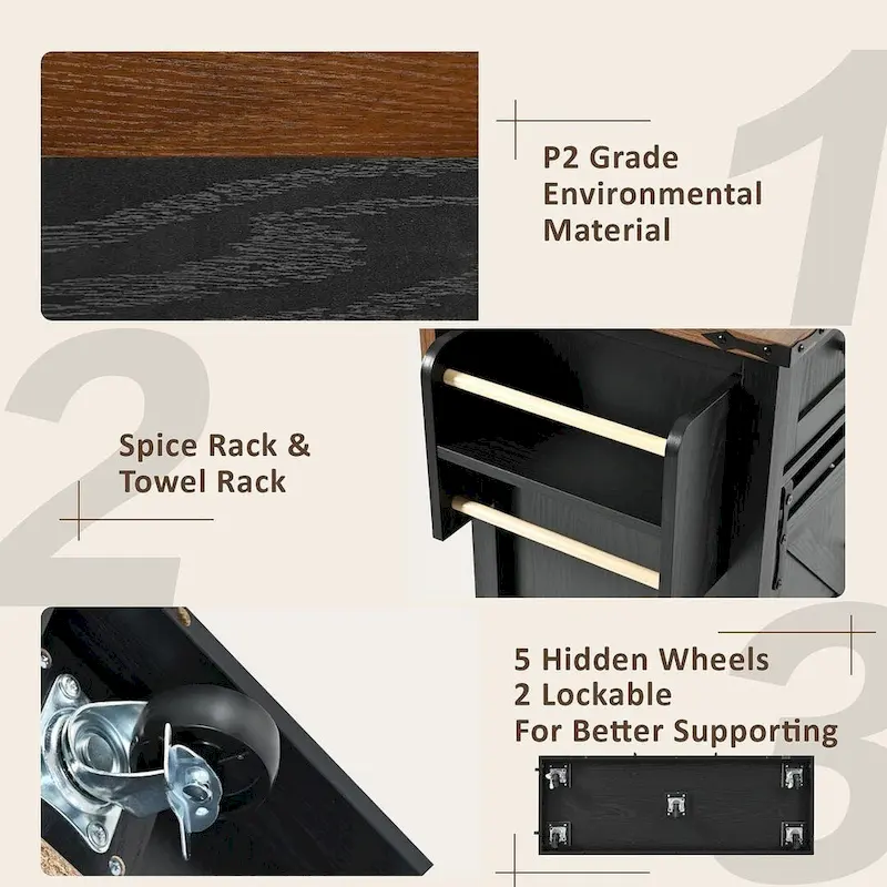 Farmhouse Kitchen Island Cart with Wheels, Power Outlet