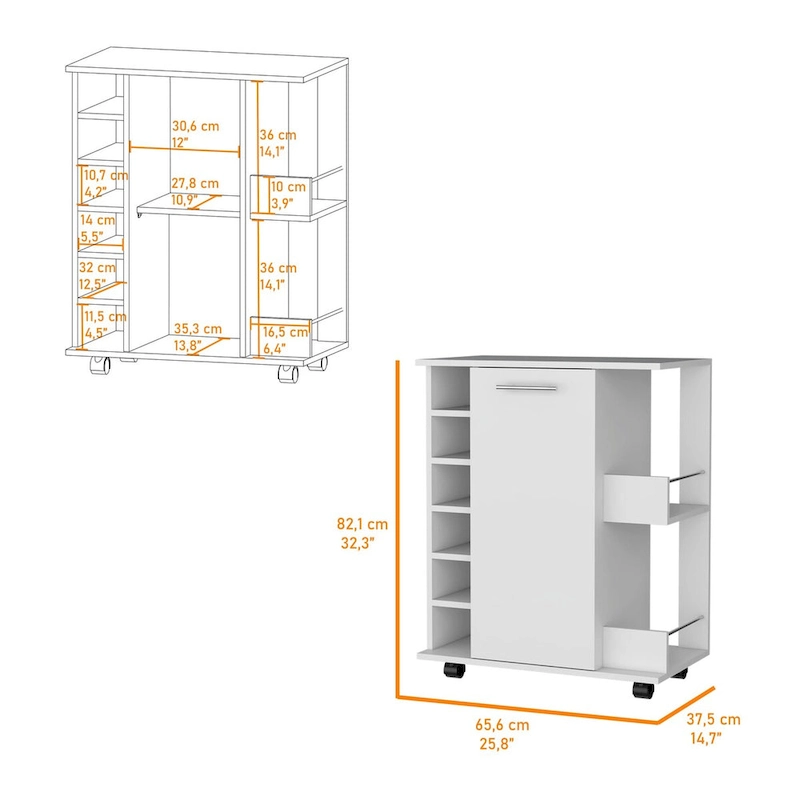 Woodland Bar Cart with Casters, Wine Rack and Open Shelf Black