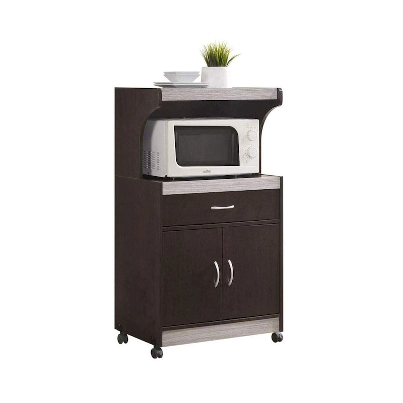 Hodedah Wheeled Microwave Cart w Drawer and Cabinet Storage, Brown/Gry - 60