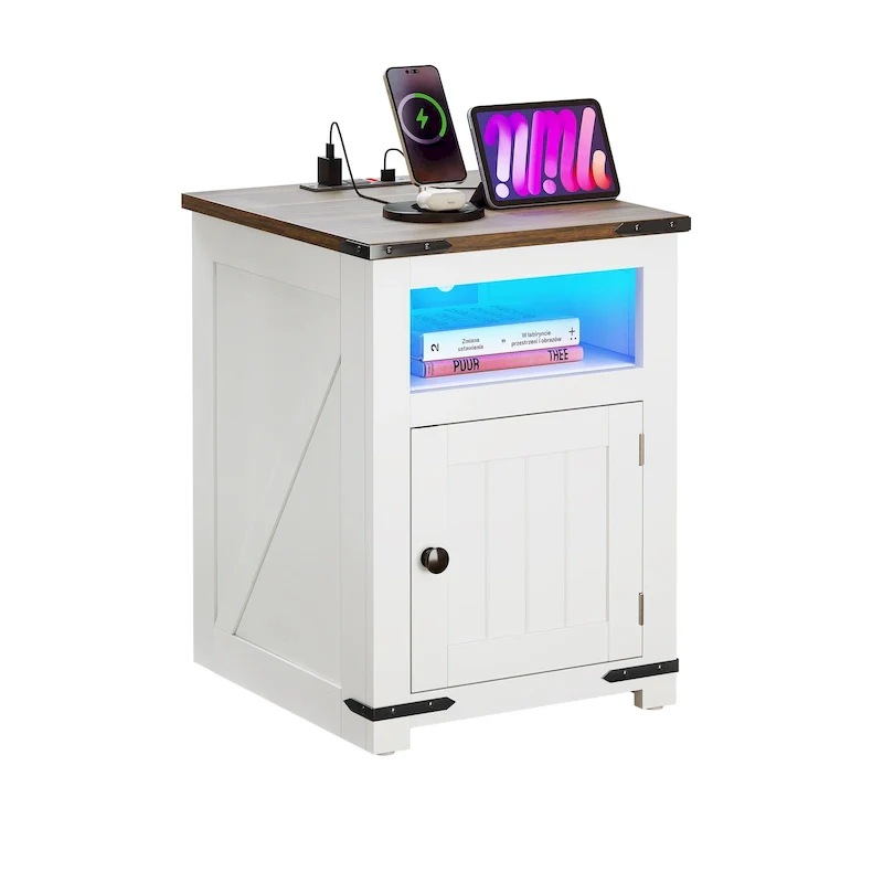 Moasis Farmhouse End Table with Charging Station, Sofa Side Side Table with USB and Storage