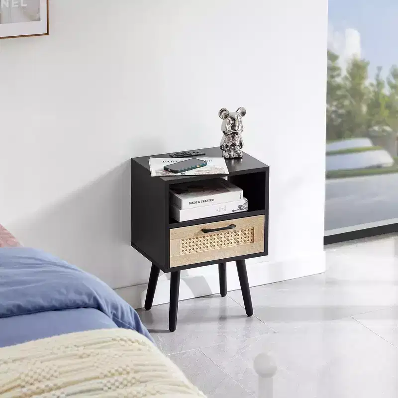MAYEERTY Rattan End Table, Modern Nightstand with Drawer and Solid Wood Legs, Side Table for Living Room, Bedroom, Black