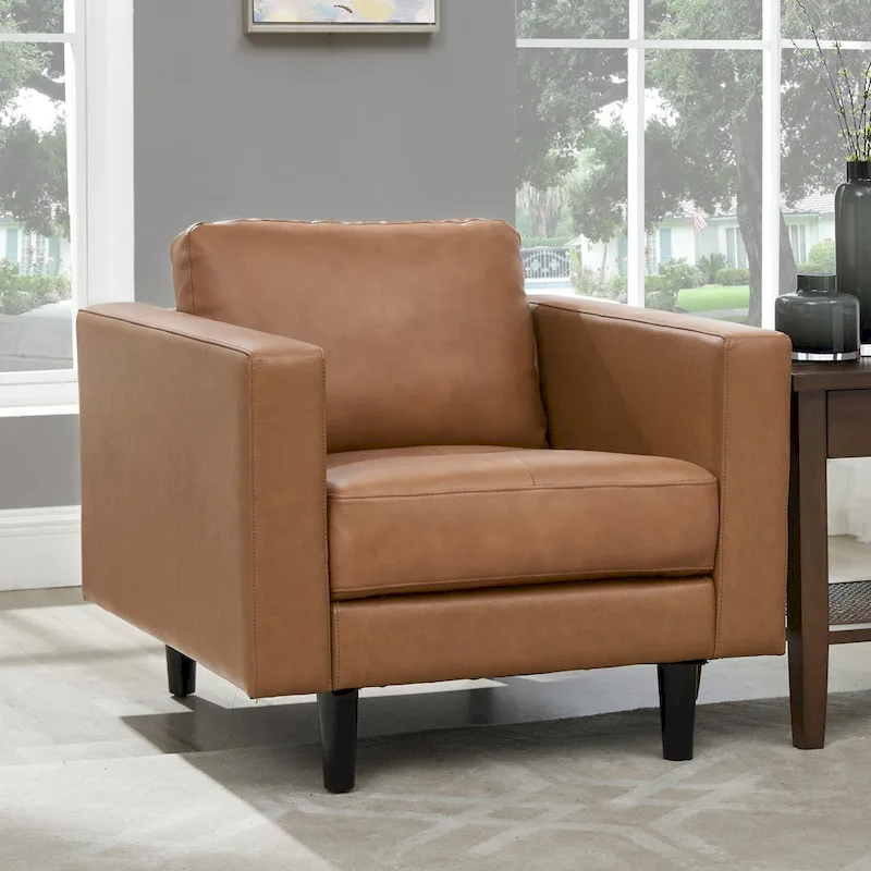 Genuine Leather Accent Chair, Black/Tan, Mid-Century Modern, High-Density Cushion, Seats 1