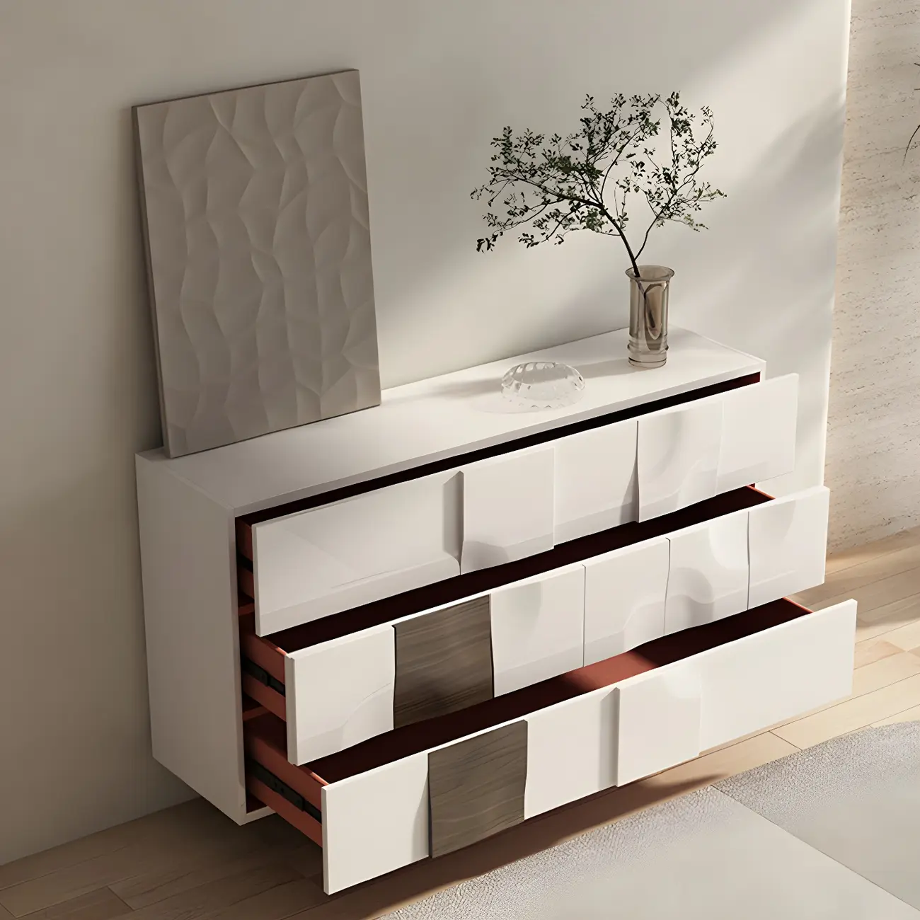 Unique White Wooden Dresser with Irregular Surface