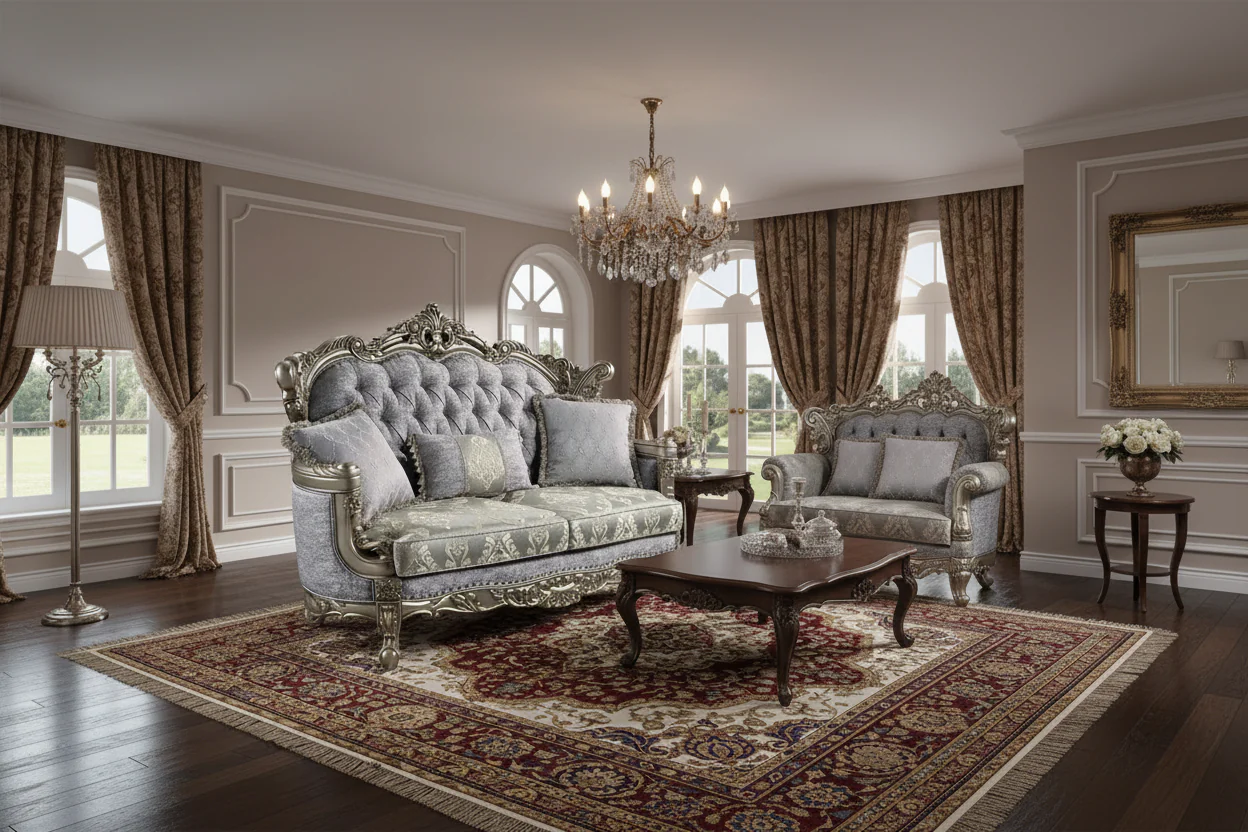Loveseat with 3 Pillows, Gray Fabric, Antique Bronze Finish, 73 Inch