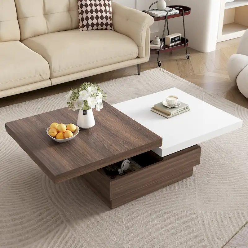 White/Black Rotatable Top Square Coffee Table with Hidden Storage, Double-Layer, MDF
