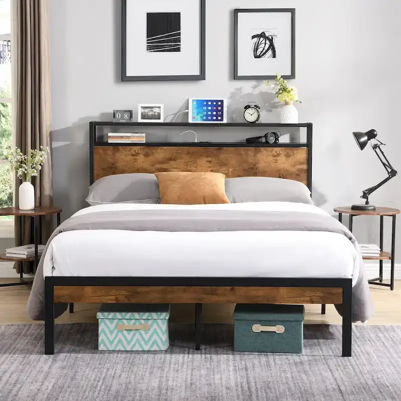 Black Queen Metal Platform Bed Frame with Wood Headboard & Footboard, 2-Person