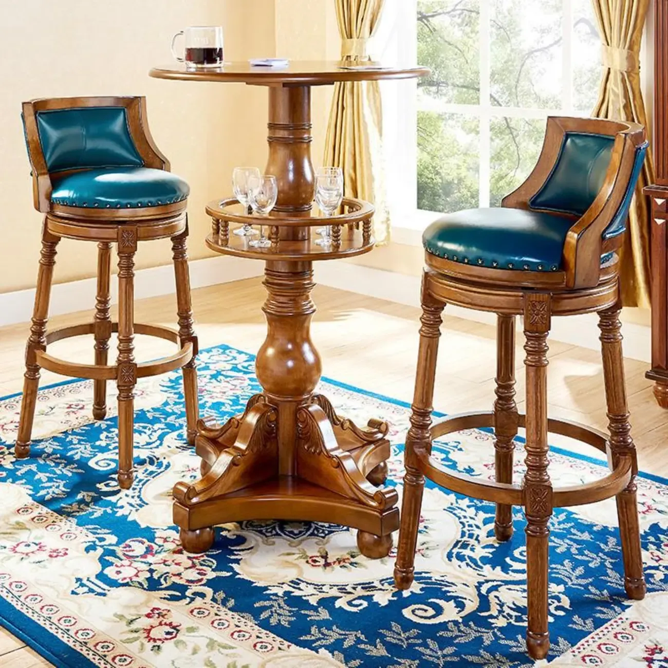 Traditional Blue Faux Leather Swivel Round Bar Stools